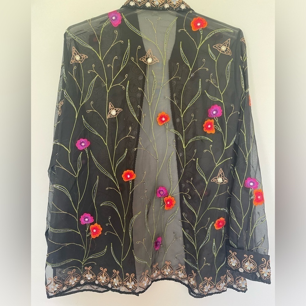 Black Sheer Open Front Long Jacket Blazer Embroidered Beading Stunning Floral M - Picture 6 of 10